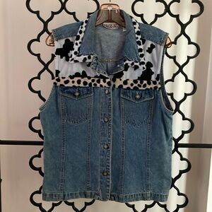 Vintage Bill Blass Denim Collated Vest with Faux Cowhide Accents
